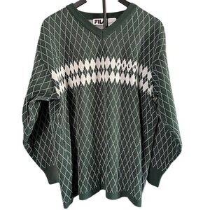 Vintage Fila Argyle V-Neck Sweater Men's XL Green & White Knit Made in Korea 90s